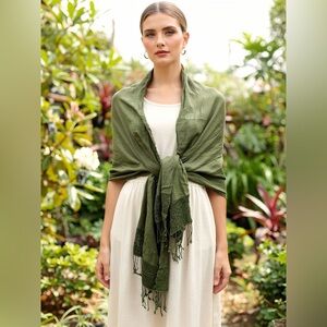 Pashmina solid moss green scarf fringe 86x27.5 inch approx long wrap shawl soft